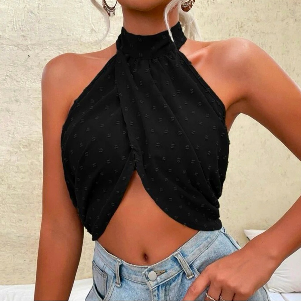 Backless cross halter top black swiss dot woman’s size medium like new